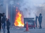 A building is set alight in the Sandy Row area of Belfast city centre, Northern Ireland.