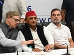 Congress leader and Lok Sabha LoP Rahul Gandhi, Samajwadi Party chief Akhilesh Yadav, chief minister of Jammu & Kashmir Omar Abdullah and others during INDIA bloc meeting at Constitution Club of India, in New Delhi, on Monday. (HT Photo)