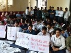 Junior residents protesting at SRNH in Prayagraj on Tuesday (HT)