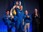 Artemis III crew member Luca Parmitano greets the crowd during a press conference at Johnson Space Center on Tuesday, June 9, 2026, in Houston. (AP Photo/Annie Mulligan)