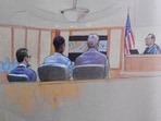 Courtroom sketch by Pat Lopez shows Karmelo Anthony at the defense table, with the jury on the left and the judge on the right during his murder trial in McKinney, Texas, June 4, 2026. (Pat Lopez via AP)