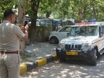 Traffic police issued E-challans for vehicles parked with no parking on the road outside the Civil Hospital Sector 6 in Panchkula. (Sant Arora/HT)
