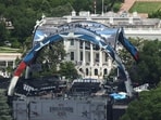 Construction continues on a temporary arena that will host the UFC Freedom 250 fight card at the White House in Washington, DC.