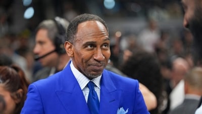 Stephen A. Smith looks on before the game between the San Antonio Spurs and the New York Knicks in game two of the 2026 NBA Finals at Frost Bank Center. (IMAGN IMAGES via Reuters Connect)