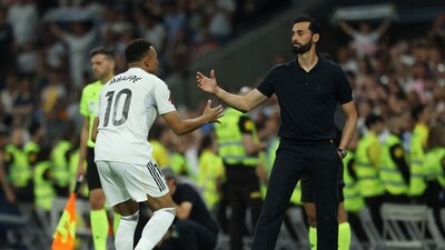 Real Madrid's Kylian Mbappe celebrates scoring their third goal with Real Madrid coach Alvaro Arbeloa (REUTERS)