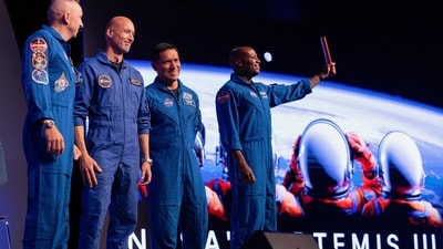Astronauts Randy Bresnik, Luca Parmitano, Frank Rubio and Andre Douglas are unveiled as the NASA Artemis III mission crew at an event at NASA Johnson Space Center in Houston, Texas. (REUTERS)