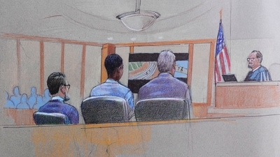 Courtroom sketch by Pat Lopez shows Karmelo Anthony at the defense table, with the jury on the left and the judge on the right during his murder trial in McKinney, Texas, June 4, 2026. (Pat Lopez via AP)