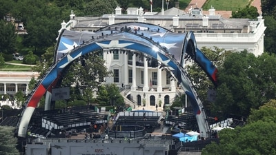 Construction continues on a temporary arena that will host the UFC Freedom 250 fight card at the White House in Washington, DC. (REUTERS)