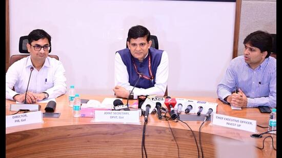 JP Shivhare (Centre), joint secretary, department for promotion of industry and internal trade, speaking to media persons on June 9. (Sourced)
