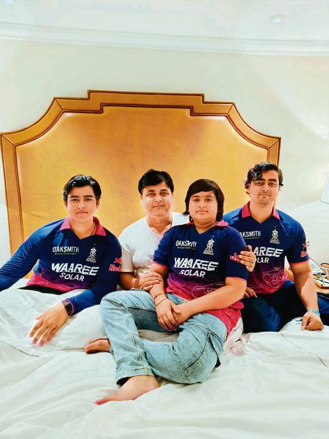 At their home in Tajpur, Bihar’s Samastipur district, Sanjeev Sooryavanshi poses with his children, including Vaibhav (left), who recently became India’s youngest-ever international cricketer. (Photo: Instagram/ujjwalsooryavanshi2512)