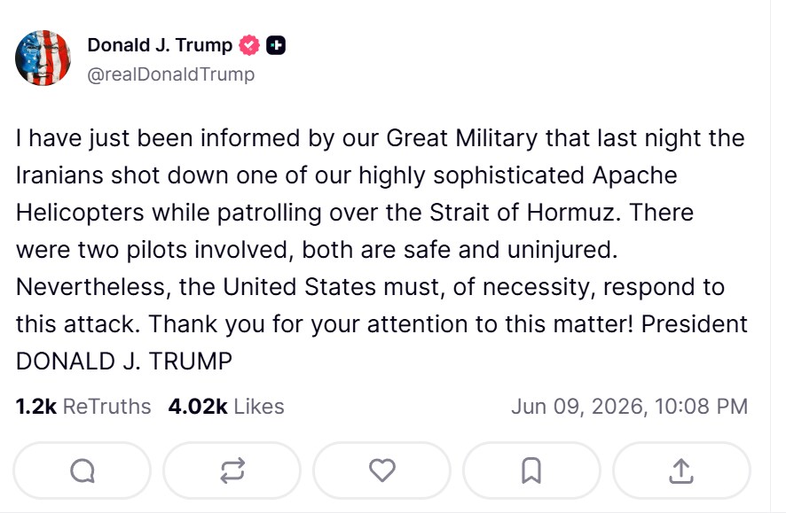 Donald Trump claims Iran shot down US helicopters. (Truth Social/Donald Trump) Donald Trump claims Iran shot down US helicopters. (Truth Social/Donald Trump)