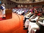 PM Modi addresses an NDA Parliamentary Party meeting at Parliament premises in New Delhi.