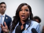 Rep. Jasmine Crockett (D-Texas) speaks to reporters outside a closed House Oversight hearing where Bill Gates was questioned about Jeffrey Epstein in Washington, June 10, 2026. 