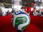 The official Adidas Trionda ball for the World Cup is displayed during the FIFA World Cup 2026 Trophy Tour.