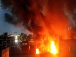 In Ghaziabad’s Sahibabad, a massive fire was reported at a furniture godown early Wednesday. (Sakib Ali/HT Photo)