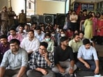 Junior doctors at SRNH, Prayagraj, protesting on Wednesday (Anil Kumar Maurya/HT)
