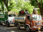 Mumbai, India – 08 June 2026: Water tankers are parked at roadside near Marine Line as Mumbai Water Tanker Association (MWTA) has announced an indefinite strike from midnight on June 07, in Mumbai, India, on Monday June08, 2026. (Photo by Bhushan Koyande/HT Photo)