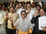 AICC General Secretary and Madhya Pradesh in-charge Harish Chaudhary, state Assembly LoP Umang Singhar along with party candidate Meenakshi Natarajan, front centre. 