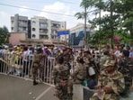 Police intercept agitators before Jharkhand High Court chief justice’s official residence at Morabadi in Ranchi on Wednesday. (HT Photo)