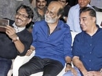 Bharathiraja with the stars of his debut film 16 Vayanthile: Rajinikanth and Kamal Haasan. 