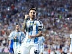 Lionel Messi (10) celebrates after scoring a goal against Iceland.
