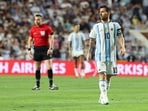 Argentina forward Lionel Messi (10) looks on during the second half against Iceland during a Road to 26 men's international friendly at Jordan-Hare Stadium