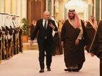 In this photo released by the Lebanese Presidency press office, Saudi's Crown Prince Mohammed bin Salman accompanies Lebanese President Joseph Aoun, left, upon his arrival to the Royal Palace in Riyadh, Saudi Arabia. In this photo released by the Lebanese Presidency press office, Saudi's Crown Prince Mohammed bin Salman accompanies Lebanese President Joseph Aoun, left, upon his arrival to the Royal Palace in Riyadh, Saudi Arabia.