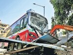 The 9-metre-long electric bus, hired on a wet-lease basis from operator EV Trans Pvt Ltd, rammed into five vehicles near Plaza Cinema in Dadar on Monday morning before crashing into a crane at a bridge construction site. (Raju Shinde/HT Photo)