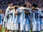 Thiago Almada of Argentina celebrates with teammates after scoring the team's third goal during the international friendly match between Argentina and Iceland at Jordan-Hare Stadium on June 09, 2026 in Auburn, Alabama. (Getty Images)