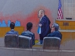 A courtroom sketch shows the district attorney pointing at Karmelo Anthony, center, at the defense table in opening arguments Thursday, June 4, 2026, in McKinney, Texas, during the trial of a teen accused of fatally stabbing another during a track meet in suburban Dallas last year. (Pat Lopez via AP)