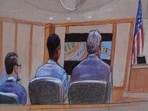 A courtroom sketch, provided by Pat Lopez shows Karmelo Anthony, center, at the defense table, the jury on the left and the presiding judge on the right, on Thursday, June 4, 2026, in McKinney, Texas, during the trial of a teen accused of fatally stabbing another during a track meet in suburban Dallas last year. (Pat Lopez via AP)