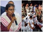 Congress leaders staged a dharna protest after the Election Commission officials did not meet them following the rejection of nomination of Congress candidate Meenakshi Natarajan (L) for the Rajya Sabha elections