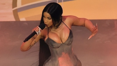 Cardi B performs during halftime between the San Antonio Spurs and the New York Knicks in Game Three of the 2026 NBA Finals at Madison Square Garden on June 8. (Getty Images via AFP)