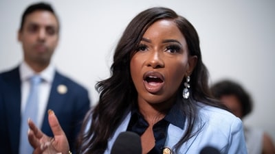 Rep. Jasmine Crockett (D-Texas) speaks to reporters outside a closed House Oversight hearing where Bill Gates was questioned about Jeffrey Epstein in Washington, June 10, 2026. (AP Photo/J. Scott Applewhite)