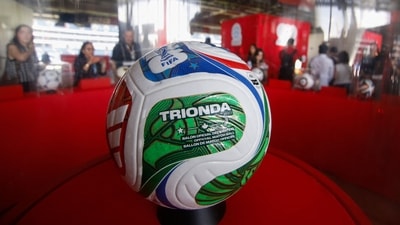 The official Adidas Trionda ball for the World Cup is displayed during the FIFA World Cup 2026 Trophy Tour. (AFP)