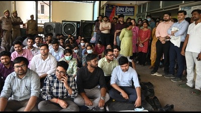 Junior doctors at SRNH, Prayagraj, protesting on Wednesday (Anil Kumar Maurya/HT)