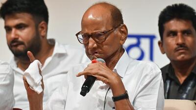 Mumbai, India. June 10, 2026 - Sharad Pawar, chief of the National Congress Party (NCP/SP), addressed party members at the YB Chavan Centre in South Mumbai during the party's 27th foundation day anniversary. The event marked the party's foundation day, and Jayawant Patil, Shashikant Shinde, Supriya Sule, Rohit Pawar and other leaders were also present. Mumbai, India. June 10, 2026. (Photo by Raju Shinde/HT Photo) (Raju Shinde)