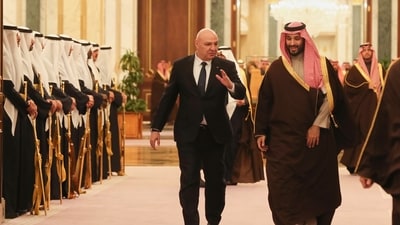 In this photo released by the Lebanese Presidency press office, Saudi's Crown Prince Mohammed bin Salman accompanies Lebanese President Joseph Aoun, left, upon his arrival to the Royal Palace in Riyadh, Saudi Arabia. (Lebanese Presidency Press Office)