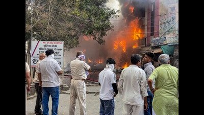 Three people were killed, and about 10 shops were gutted in the blaze that struck one of the oldest markets in Rohtak on Tuesday. (PTI)