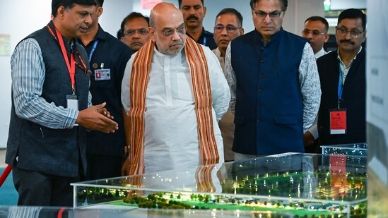 Union home minister Amit Shah during the launch of the Land Port Management System at Vigyan Bhawan in New Delhi on Tuesday. (ANI)