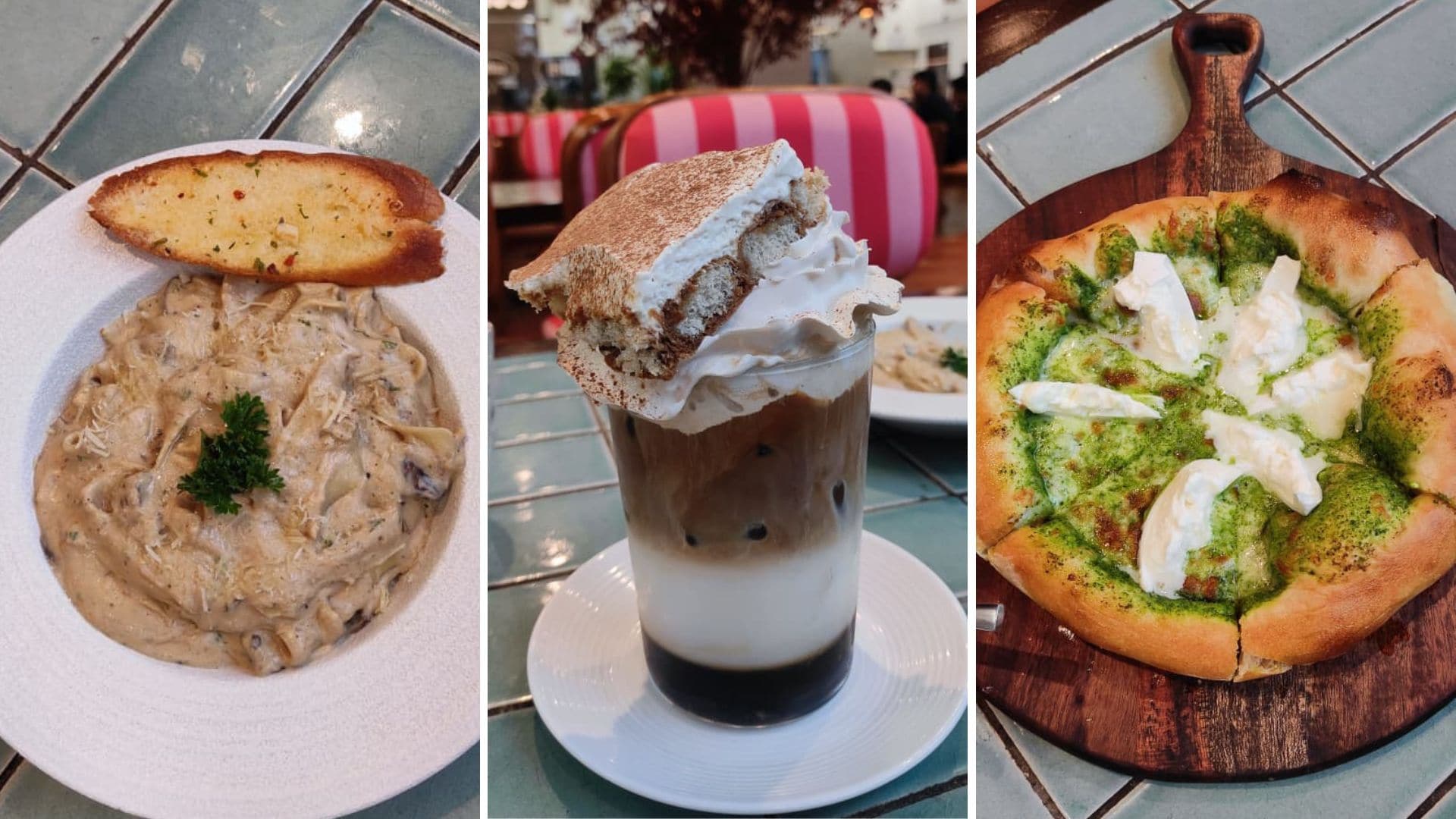 Truffle mushroom fettuccini, iced tiramisu latte, and pesto and burrata pizza at Scarlet at Mani Square Mall, Kolkata.