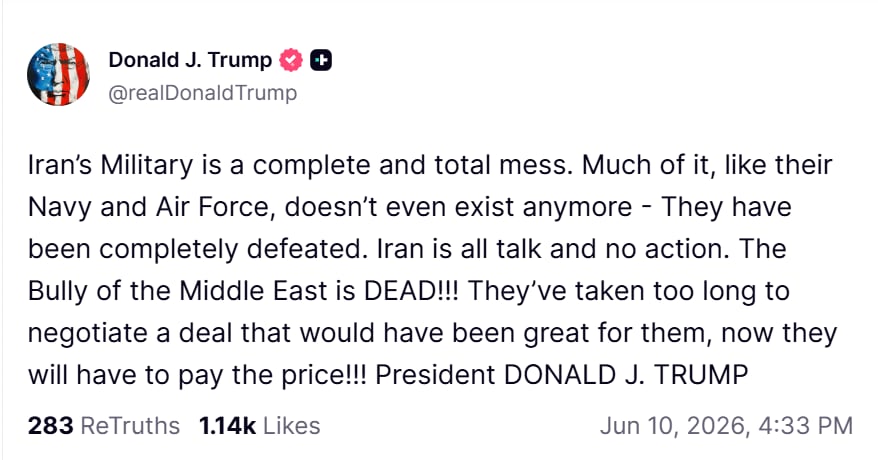 Trump threatens Iran again. (Truth Social/Donald Trump)