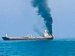 A visual of the commercial vessel MT Jalveer, with Indian seafarers reportedly on board, attacked off the coast of Oman near the Shinas Port, on Thursday.