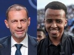 This combination of files pictures of UEFA president Aleksander Ceferin and Somali international referee Omar Abdulkadir Artan 