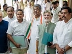KPCC President and Karnataka Legislative Council candidate BK Hariprasad, centre, with Congress leaders and Rajya Sabha candidates Pawan Khera and Mansoor Ali Khan after filing their nomination papers for the respective elections, at Vidhana Soudha, in Bengaluru.
