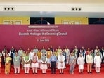 Prime Minister Narendra Modi in a group picture during the 11th meeting of the Governing Council of NITI Aayog, Union Home Minister Amit Shah, Defence Minister Rajnath Singh, Union Finance Minister Nirmala Sitharaman and States Chief Ministers and others also seen in New Delhi on Thursday. (HT Photo)