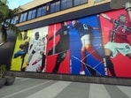 A Nike soccer display featuring at Brazil forward Vini Jr. (7), England right back Reece James (20), USMNT forward Folarin Balogun (20) and France forward Kylian Mbape (10) at Nike Santa Monica. 