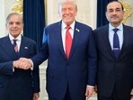 Pakistan Prime Minister Shehbaz Sharif (left), Army Chief and Field Marshal Syed Asim Munir (right) posing with US President Donald Trump at the White House in Washington, DC. 