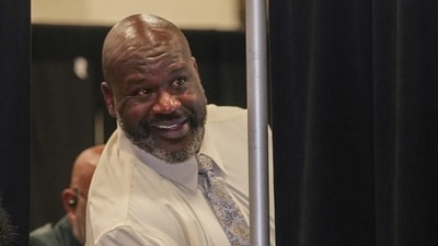 Jun 5, 2026; San Antonio, Texas, USA; Shaquille O’Neal smiles as he arrives at the arena before the game between the San Antonio Spurs and the New York Knicks in game two of the 2026 NBA Finals at Frost Bank Center. Mandatory Credit: Scott Wachter-Imagn Images (IMAGN IMAGES via Reuters Connect)