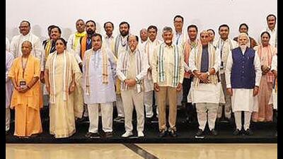 CM Yogi Adityanath with PM Narendra Modi and other ministers after the 11th Governing Council meeting of NITI Aayog in New Delhi on Thursday. (Sourced) CM Yogi Adityanath with PM Narendra Modi and other ministers after the 11th Governing Council meeting of NITI Aayog in New Delhi on Thursday. (Sourced)